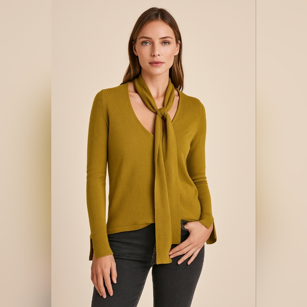 ​Massimo Dutti Silk Blend Tie Neck Sweater Quiet Luxury Olive Green Knit XS